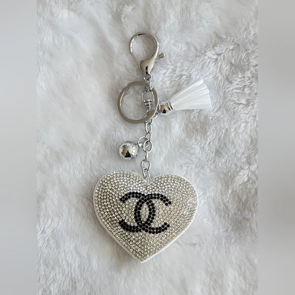 White and Silver Heart Logo Keychain Bag Charm - Picture 1 of 3